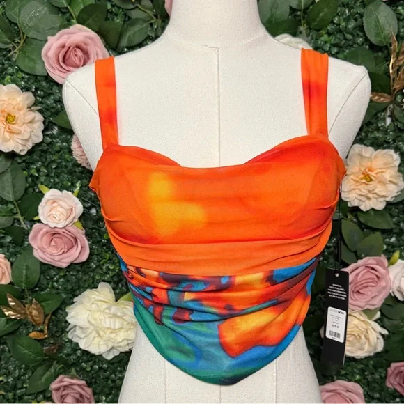 Bright Orange Multi-Color  Crop Corset with Tie Back - Picture 2 of 6